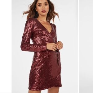 JustFab Sequin Wrap Long Sleeve Mini Dress, size M red